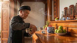 Hình ảnh cha rót rượu cúng ngày 23 tháng Chạp mang đậm nét hoài niệm.