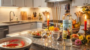 Chén rượu trong vắt trên mâm lễ cúng ông Công ông Táo truyền thống.