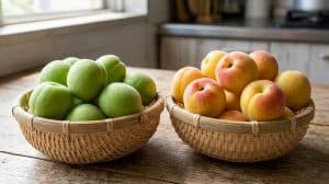 Phân biệt hình ảnh quả mơ xanh và quả mơ má đào Mộc Châu dùng để ngâm rượu.